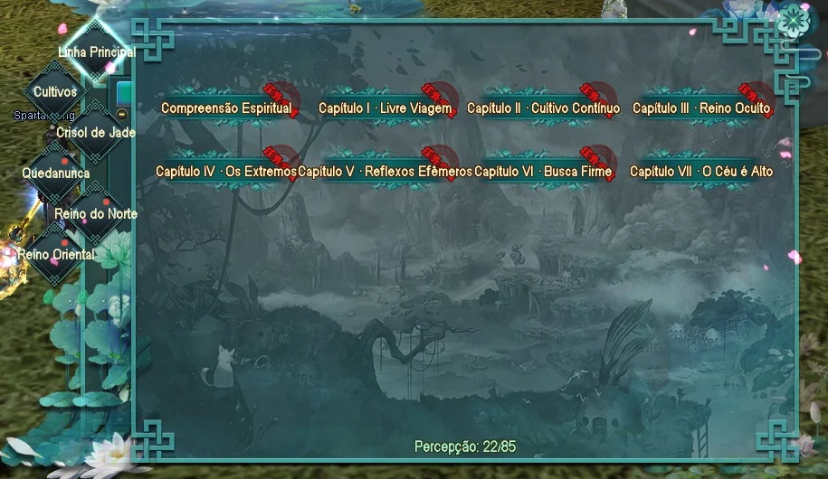 Painel das Anedotas do PW Classic com as seis abas à esquerda e os capítulos da Linha Principal, de Compreensão Espiritual até Capítulo VII, O Céu é Alto