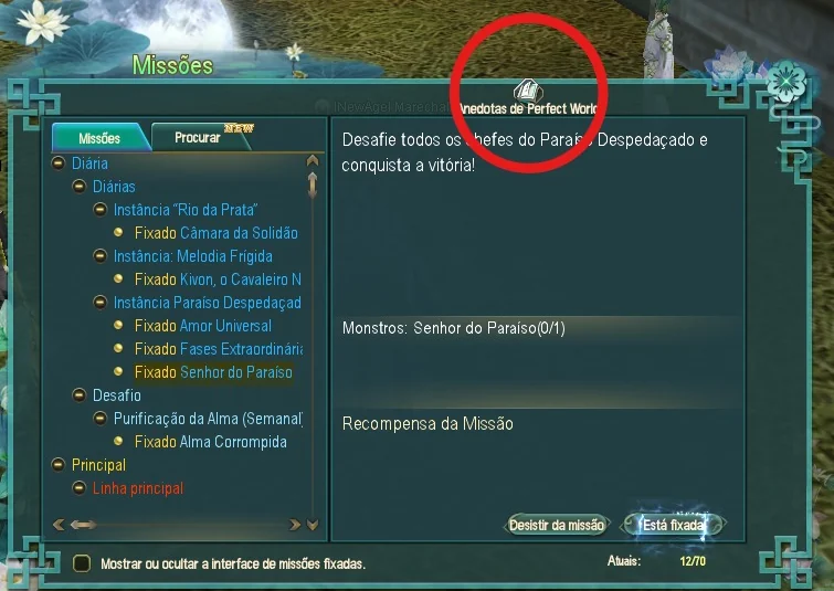 Tela de Missões do PW Classic com o botão das Anedotas de Perfect World destacado em vermelho, no alto e ao centro do painel