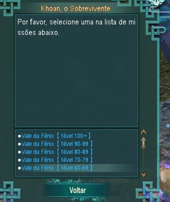 Diálogo do NPC Khoan, o Sobrevivente, no PW Classic, com a lista de missões Vale da Fênix separadas por faixa de nível: 100+, 90-99, 80-89, 70-79 e 60-69