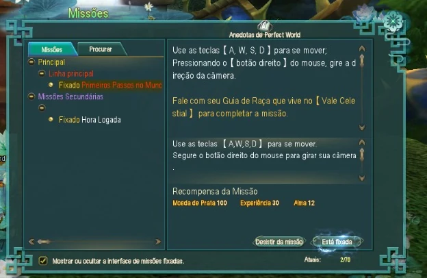Painel de Missões do PW Classic com a linha principal destacada em vermelho, mostrando a quest Primeiros Passos no Mundo e sua recompensa