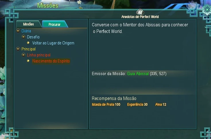 Aba Procurar do painel de Missões do PW Classic, mostrando o Emissor da Missão Guia Abissal em verde com as coordenadas 335, 527