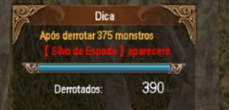 Painel Dica do Vale da Fênix no PW Classic, com o texto 'Após derrotar 375 monstros [Silvo da Espada] aparecerá' e o contador Derrotados marcando 390