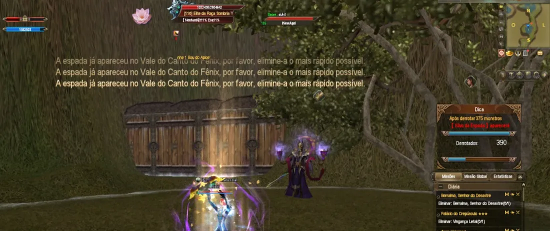 Aviso na tela do PW Classic dizendo que a espada apareceu no Vale do Canto do Fênix, com o contador do painel Dica em 390 e um chefe de nível 110 sendo enfrentado
